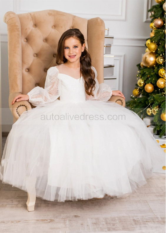 Long Sleeves Ivory Delicate Lace Tulle Flower Girl Dress
